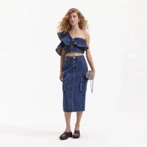 Self-Portrait Denim Frill Top and Cargo Skirt Set